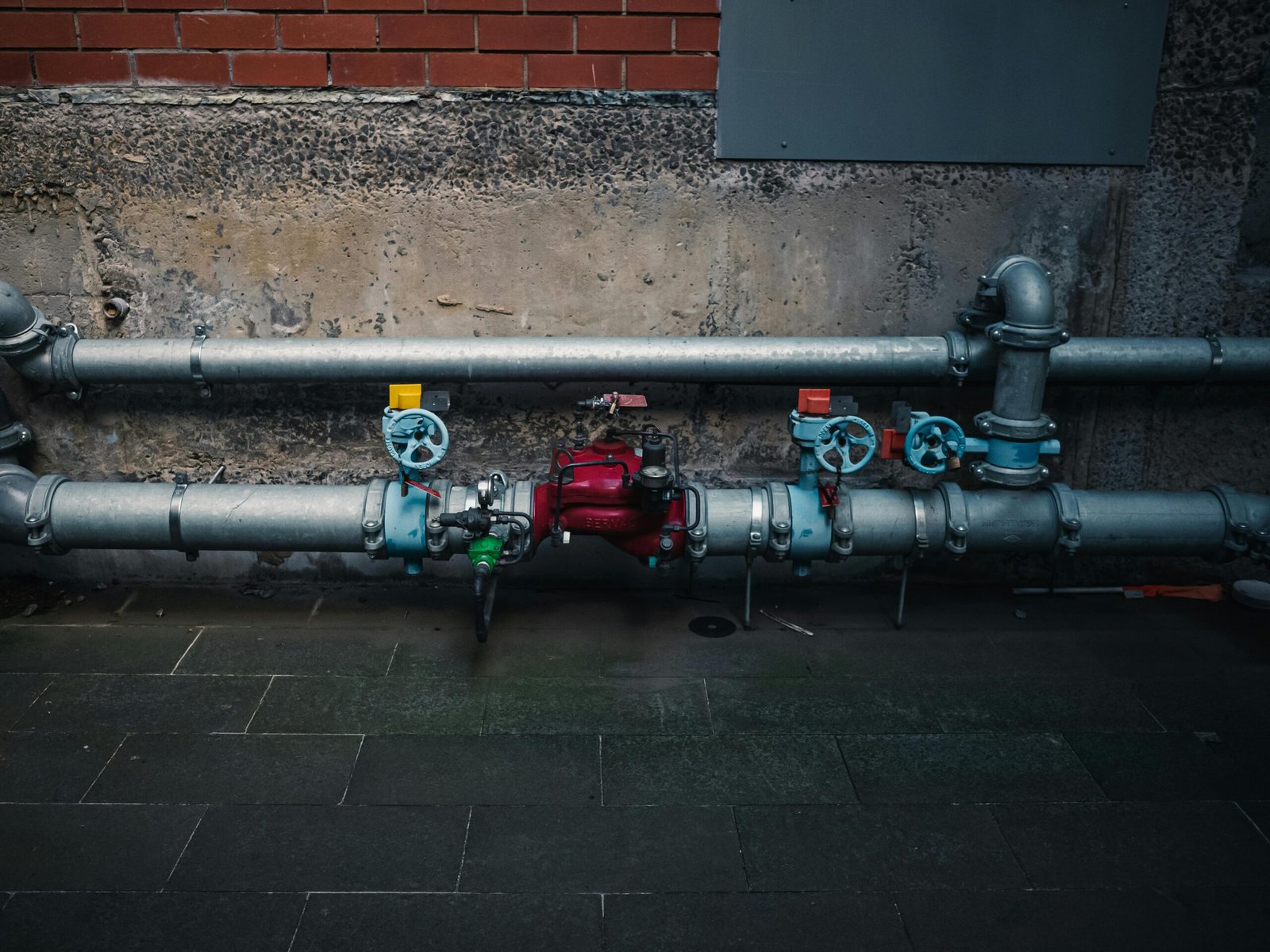 A detailed view of industrial pipes with colorful valves on a textured wall.